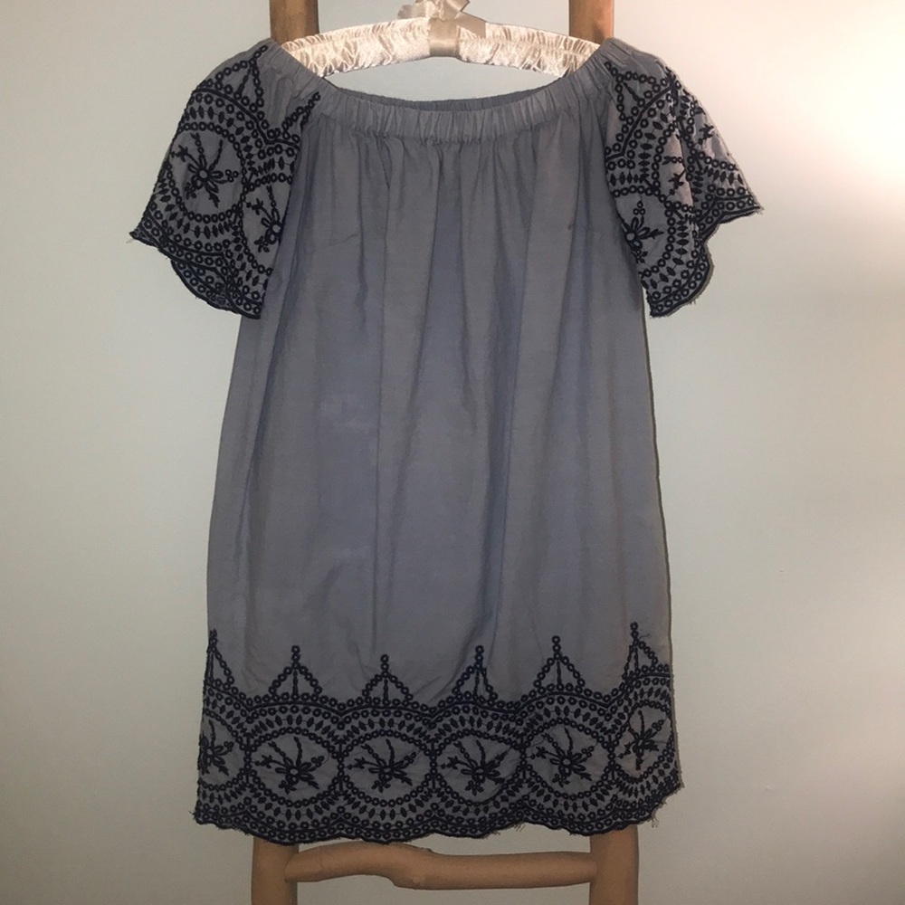 Blue denim off the shoulder dress